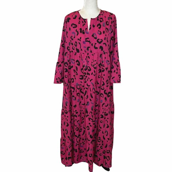 Pink Leopard Maxi Dress XL Long Sleeve Tiered Flowing Boho Style Office Work - Picture 1 of 16